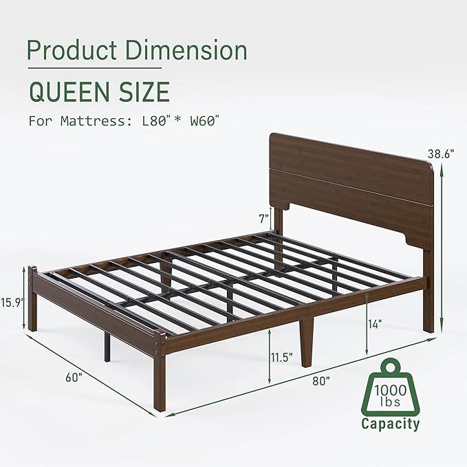 BOSRII 14in High Solid Bamboo Wood Platform Queen Size Bed Frame with Headboard, Reinforced Heavy Duty Metal Slats, Noise Free, No Box Spring Needed, Easy Assembly, Walnut