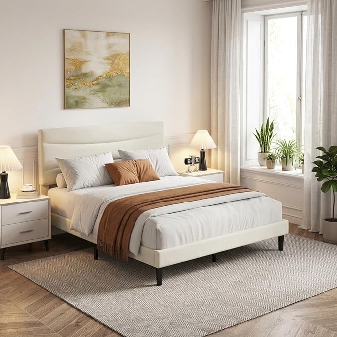 IDEALHOUSE Queen Size Upholstered Platform Bed Frame with Ergonomic Headboard, Beige Soft Fabric, Heavy Duty Wooden Slats, Noise-Free, 6.3" Underbed Storage, No Box Spring Needed, Easy Assembly
