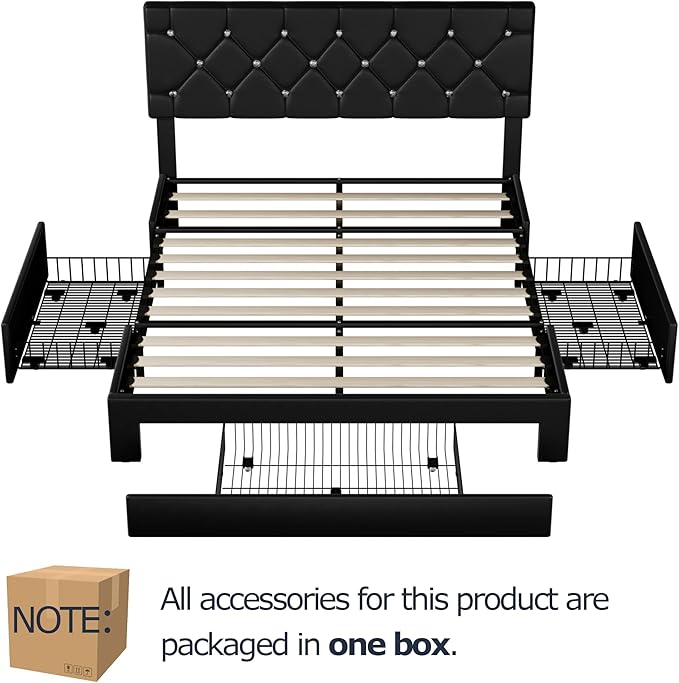 VECELO Full Size Bed Frame with 3 Storage Drawers, Leather Upholstered with Diamond Tufted Headboard, Solid Wood Slat Support & Steel Framework, Black
