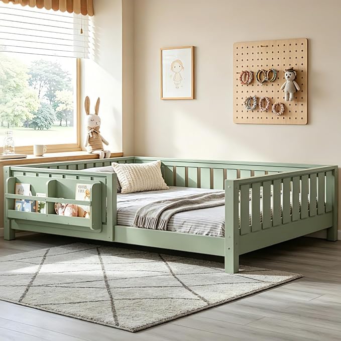 Bellemave Full Size Floor Bed Frame with Fence & Bookshelf, Solid Pinewood Montessori Floor Bed Full with Slats Load 550LBS, Low Profile Floor Bed for Kids, Bedroom, Nursery, Easy Assembly, Green