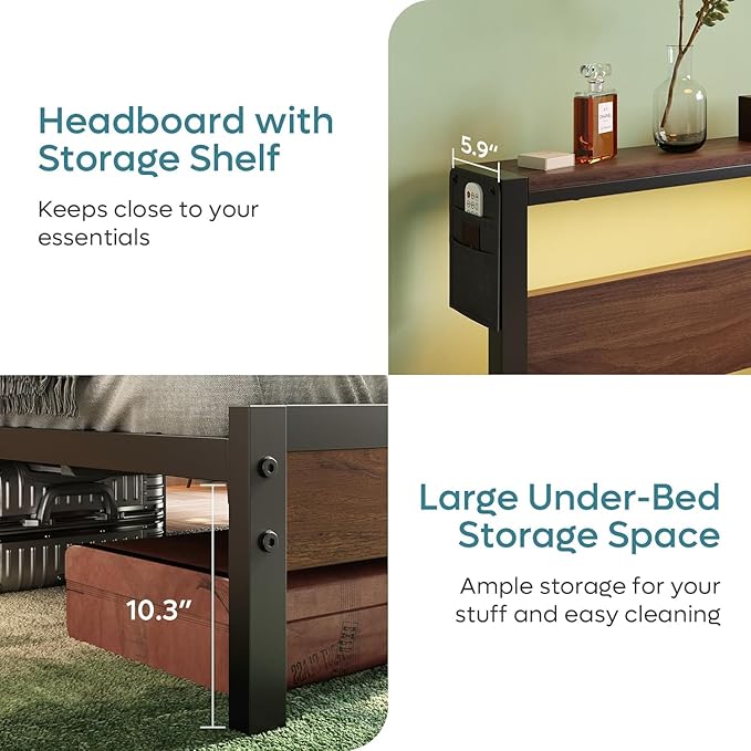 Bestier Queen Size Bed Frame with Headboard and Charging Station,Platform Metal Bed Frame with LED Light,Non-Slip Bed Frame, Noise-Free, Easy Assembly,Walnut