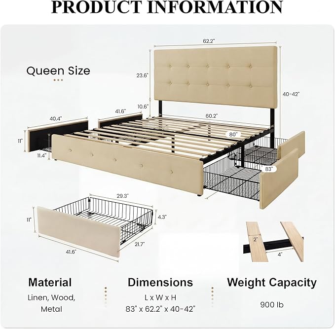 SHA CERLIN Upholstered Queen Size Platform Bed Frame with 4 Storage Drawers, Adjustable Headboard with Square Stitched Button Tufted Design, Wooden Slat Support, No Box Spring Needed, Beige