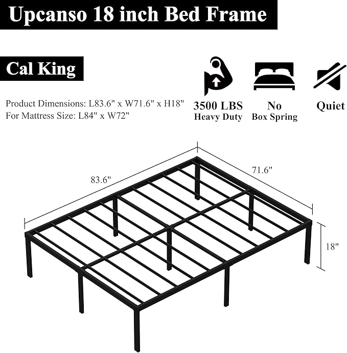 Upcanso 18 Inch California King Bed Frames No Box Spring Need, Platform Cal King Bed Frame with High Storage, Eassy Assembly 3,500 Lbs Heavy Duty Bedframes, Black