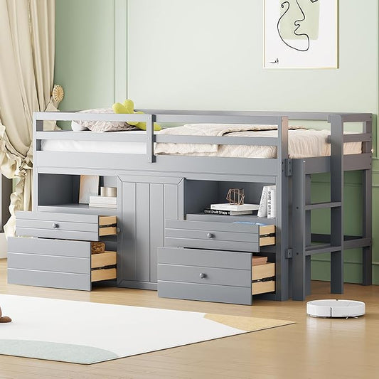 Merax Low Loft Bed Twin Size Wood Loft Bed with 4 Drawers, Underneath Cabinet and Shelves, Twin Bed Frames with Guardrails and Ladder, Wood Slat Support, No Box Spring Need, Gray