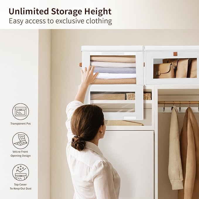 Homsorout Large Clothing Storage Bins - Collapsible Boxes with Handles & Window, Decorative Organizer Bins with Lids, Fabric Containers for Living Room, Dorm, 4 Pack, White