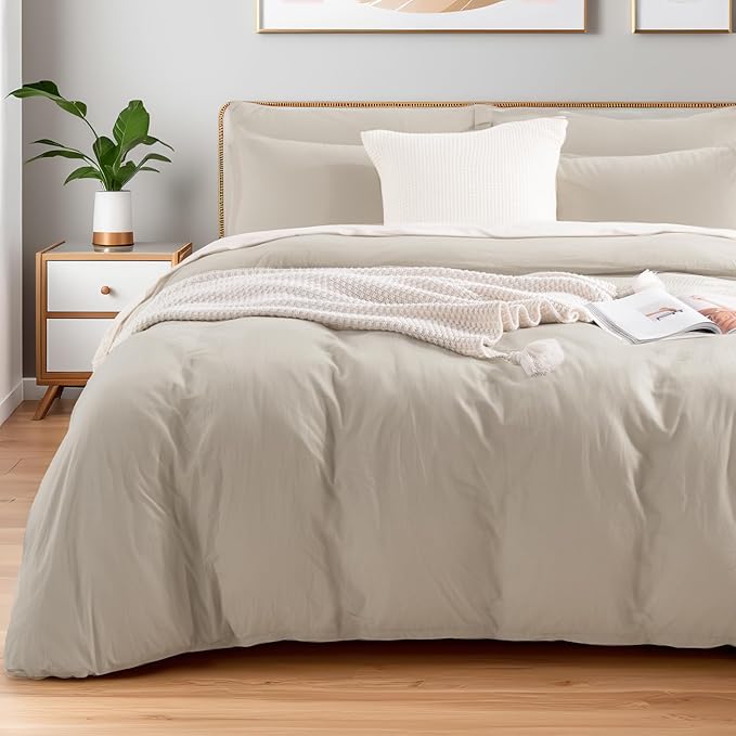 NEXHOME PRO 100% Washed Cotton Duvet Cover Queen Size, Ogranic Natural Linen Feel Breathable Bedding Set with Zipper Closure, 3 Pieces Duvet Cover Set Linen (No Comfortert) 9090