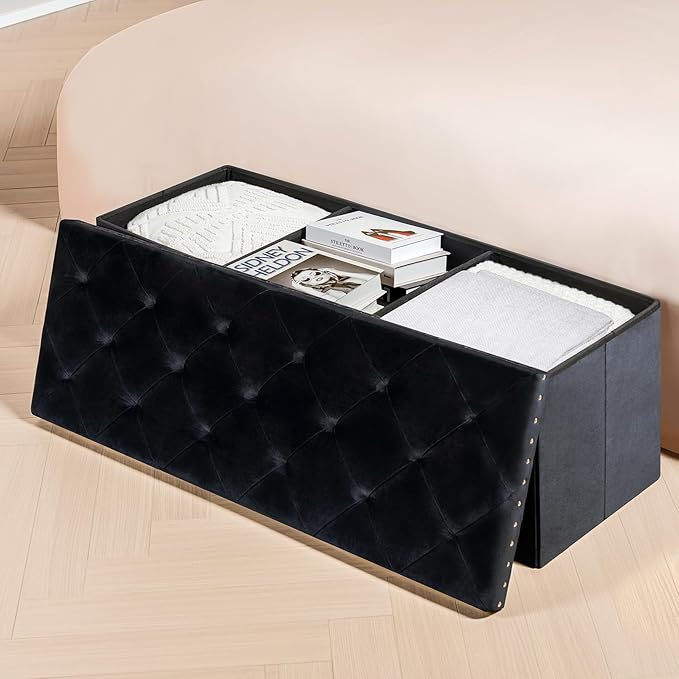 PINPLUS Black Storage Ottoman Bench for Bedroom, Folding Velvet Chest with Benches Foot Rest Stool, Large Long Shoes Chest for Bedroom, Living Room, 43.3"x15.7"x15.7"