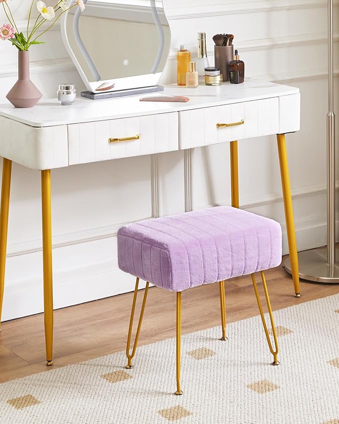 IBUYKE Velvet Rectangular Footrest Stool Ottoman, Makeup Vanity Stool Side Table, Velvet Dressing Table Seat, Pouf Couch Stool, Golden Steel Legs, Purple LG-51V