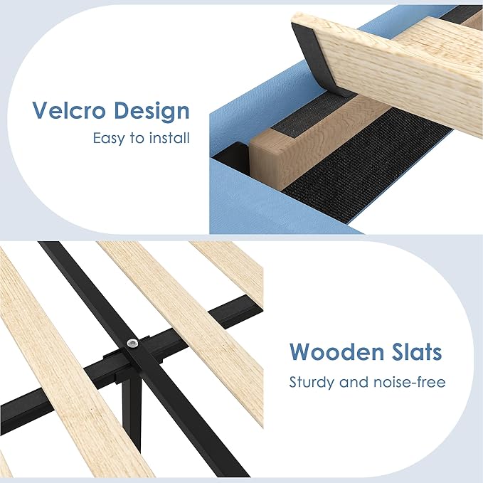 VECELO Queen Size Platform Bed Frame with Height Adjustable Upholstered Headboard, Modern Mattress Foundation,Strong Wood Slat Support, No Box Spring Needed, Easy Assembly,Light Blue