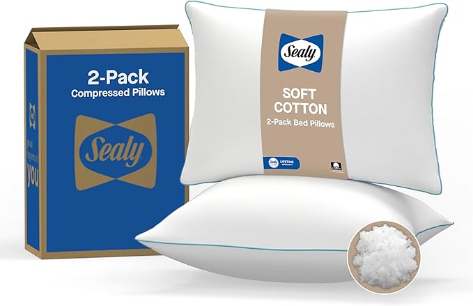 SEALY Slumber Bed Pillow Soft, Breathable, 100% Cotton Cover, Temperature Balancing, Moisture Wicking, Hypoallergenic EverFluff Fiberfill, Machine Washable, Standard/Queen Size Pillow, White- 2 Pack