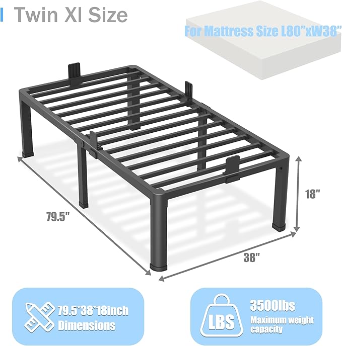 Yitong Angel 18 inch Twin XL Bed Frame with Round Corner Legs Mattress Slide Stopper,3500 lbs Heavy Duty Metal Platform,No Box Spring Needed,Easy Assembly,Noise Free