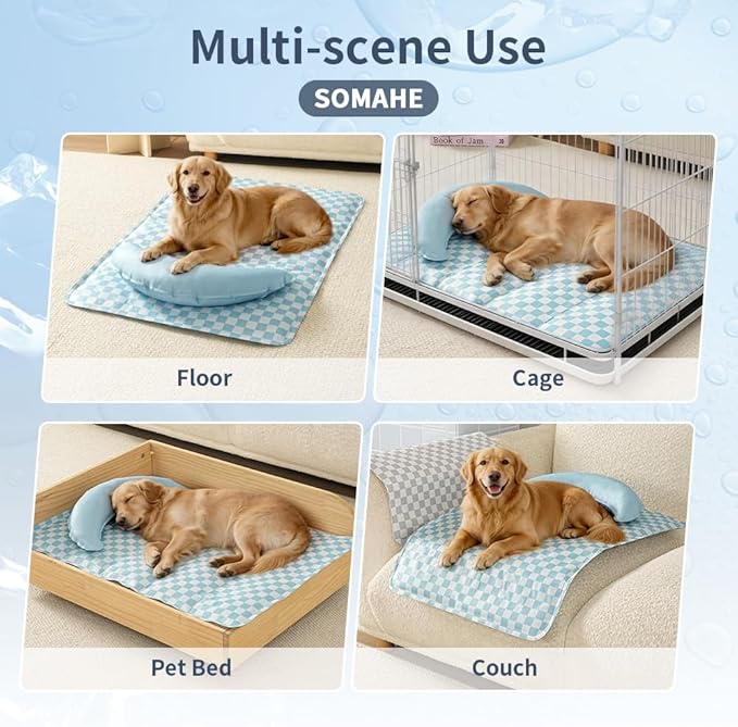 SOMAHE Pet Cooling Mats Pad for Dogs, Portable Summer Self-Cooling Mat with Removable Crescent Pillow for Large Dogs, Non-Toxic (Q-Max>0.5), All-Day Cooling, 35 x 24 Inches Blue