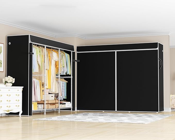 ULIFHOME E14C Pro Heavy Duty Closet Organizer System，Freestanding Clothing Racks for Hanging Clothes，Adjustable Garment Rack 70.1"W × 16.6"D × 76.4"H Hold 960 lbs，White Rack with Black Dustproof Cover
