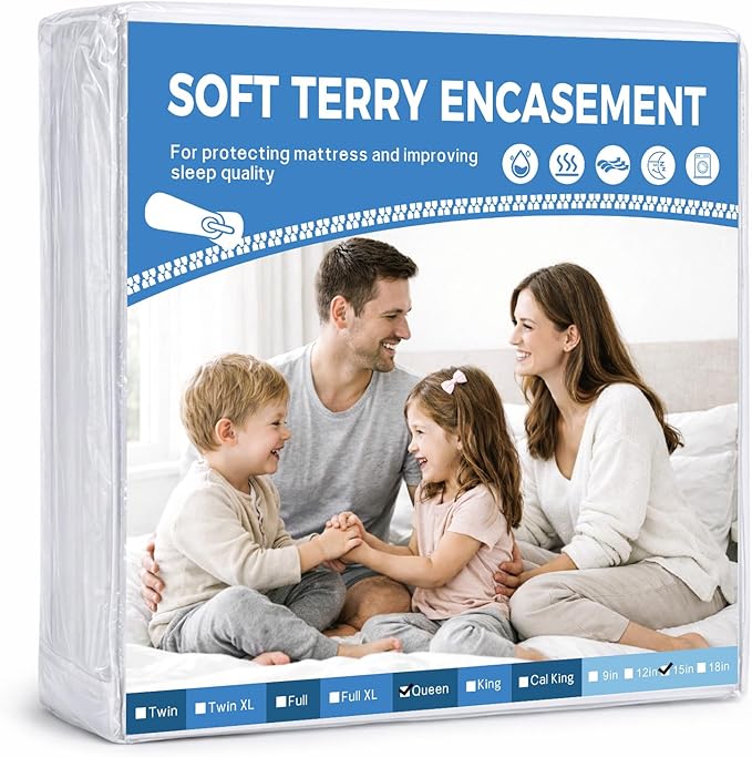 HUPPER Queen Mattress Protector Zippered (12/13/14/15Inchs), Terry Cloth Mattress Encasement, 6-Side Waterproof Mattress Cover, Micro Zipper, Noiseless, for Queen Mattress 60 * 80