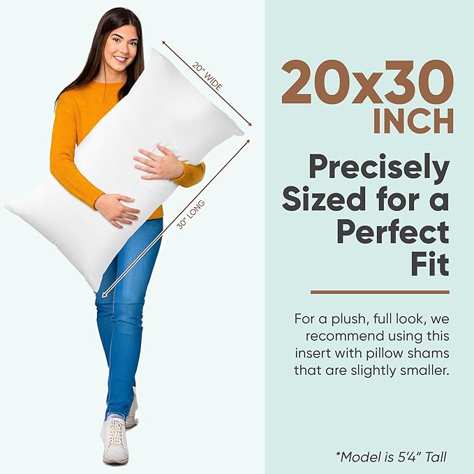 Pillowflex Synthetic Down Pillow Insert - 20x30 Down Alternative Pillow, Ultra Soft Queen Bed Sleeping Pillow, Large Rectangle Sham - 1 Decorative Pillow Form