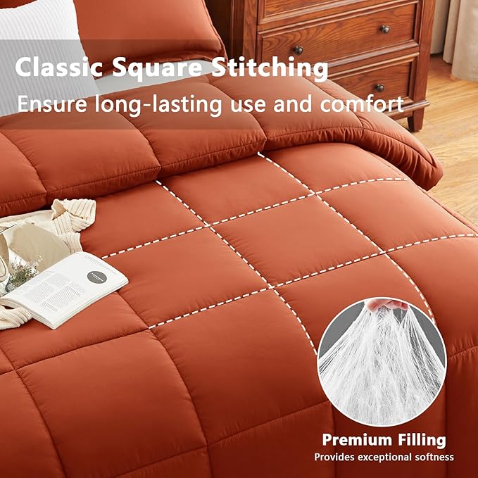 CozyLux King Size Comforter Sets - 270GSM Terracotta Bedding Sets for All Seasons, 3 Pieces Box Stitched Bed Set with 1 Down Alternative Comforter and 2 Pillow Shams, Soft, Lightweight, Durable