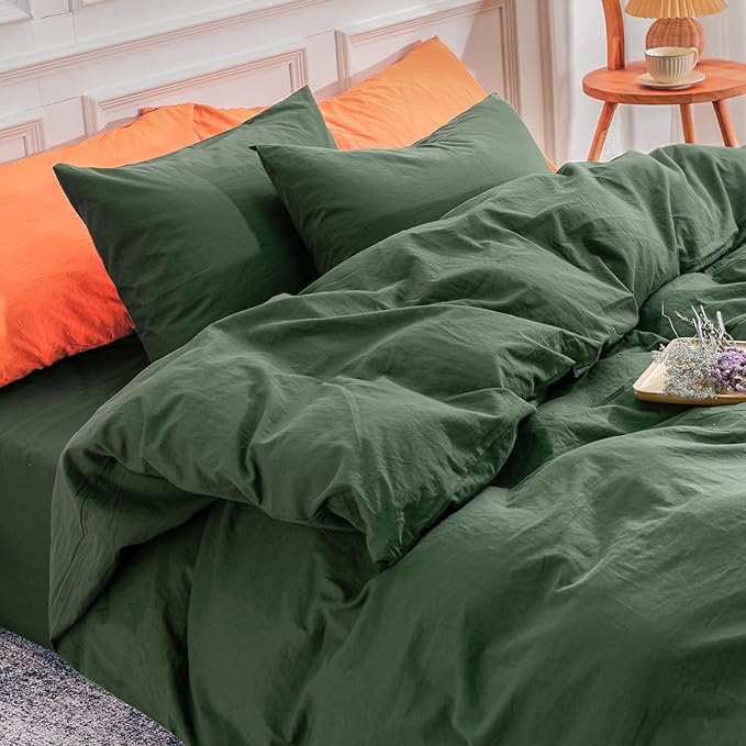 NEXHOME PRO Duvet Cover Set California King Linen Look Textured Organic Natural 100% Washed Cotton Duvet Cover 3 Pieces Bedding Set with Zipper Closure, Breathable, Forest Green (No Comforter)