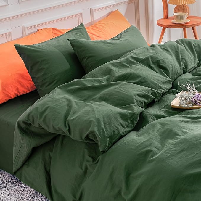 NEXHOME PRO Duvet Cover Set Kids Twin Size Linen Feel Textured Organic Natural 100% Washed Cotton Duvet Cover 2 Pieces Bedding Set with Zipper Closure, Breathable, Forest Green (No Comforter)