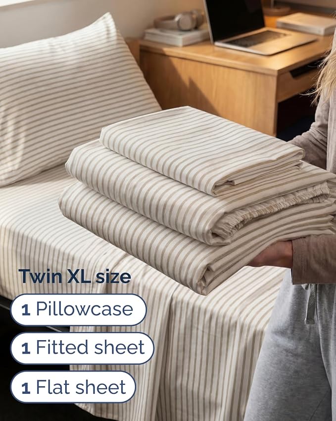 Twin XL Size 3 Piece Sheet Set - Comfy Breathable & Cooling Sheets - Hotel Luxury Bed Sheets for Women & Men - Deep Pockets, Easy-Fit, Soft & Wrinkle Free Sheets - Beige Stripes Oeko-Tex Bed Sheet Set