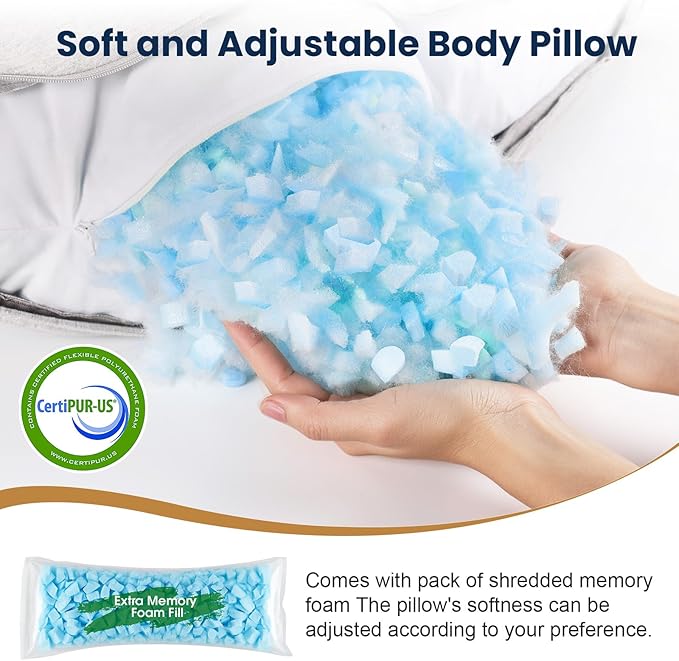 TranquilRelax C Shaped Body Pillow for Side Sleepers, Memory Foam Long Pillow for Leg, Hip & Back Support, Soft Washable Cover,Grey-35"*10"