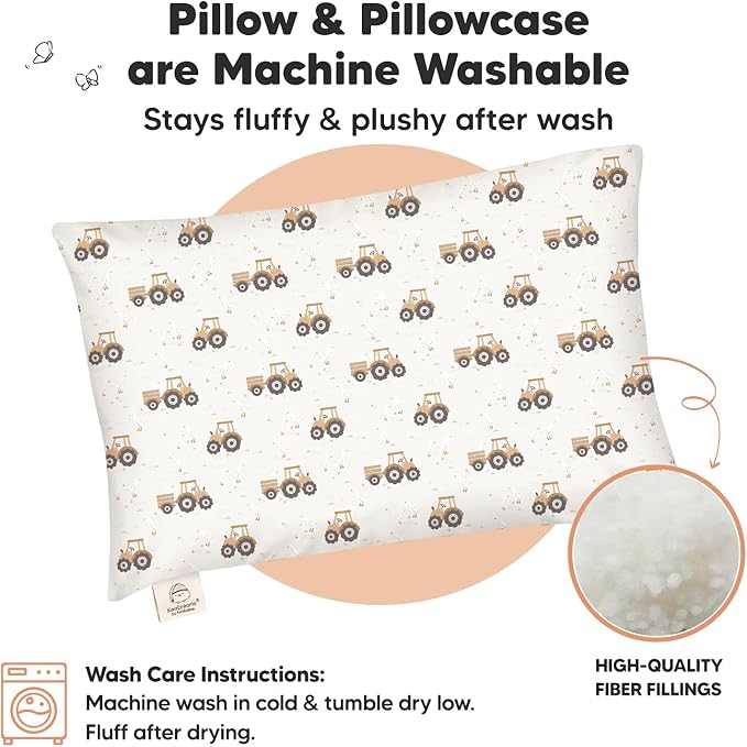 Toddler Pillow with Pillowcase - 13x18 My Little Dreamy Kids Travel Bed Pillows for Sleeping, Organic Cotton Small Pillowcase, Soft & Breathable, Machine Washable, Toddlers 2-5 years old (Tractor)