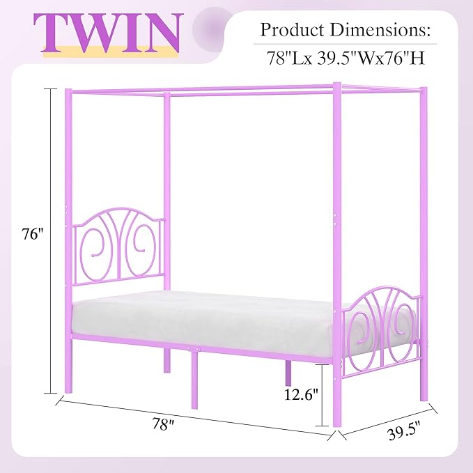 VECELO Metal Canopy Bed Frame Twin Size, 4 Posters Platform Mattress Foundation with Headboard, Heavy Duty Steel Slats Support, No Box Spring Needed, Purple