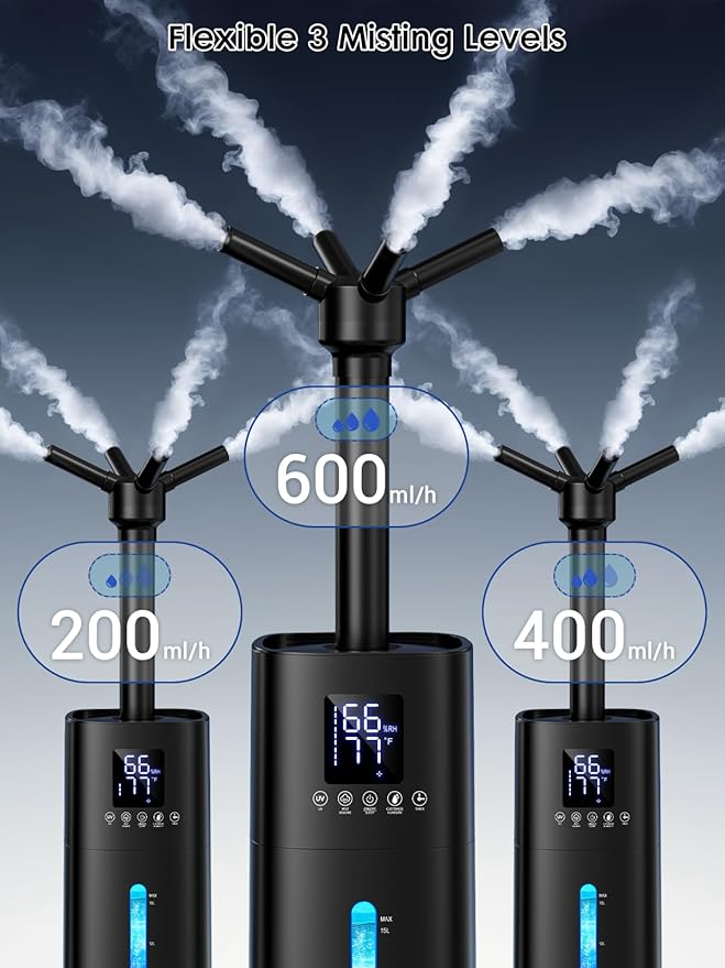 15L/4Gal Humidifier Large Room, 600mL/h Misting, 1200ft² Coverage, Auto Humidity Control, 72H Runtime, Top Fill, Aroma Diffuser, Sleep Mode, 12H Timer, Auto Shutoff Protection