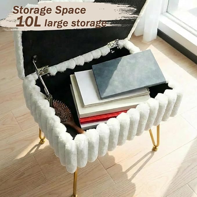 EBENCHICO Vanity Stool Chair with Storage, Faux Fur Stools for Vanity Makeup, Foot Stool Ottoman with 4 Metal Legs, Small Vanity Bench Seat Chairs for Living Room Bedroom
