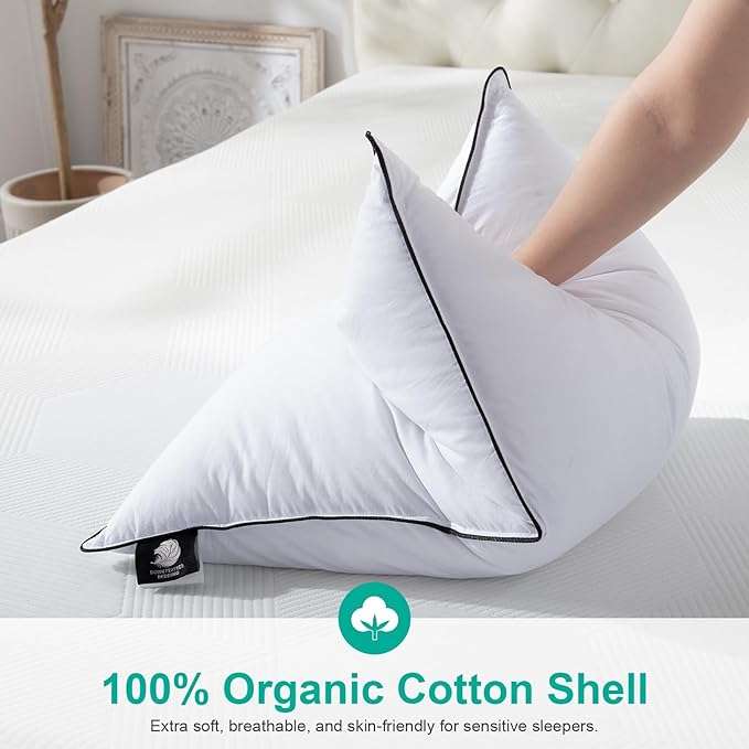APSMILE Medium Firm Feathers Down Pillow Standard Size Set of 2, Luxury Feathers Pillow for Sleeping, 100% Organic Cotton Cover Hotel Bed Pillow for Side Sleeper (White, 20"x26")