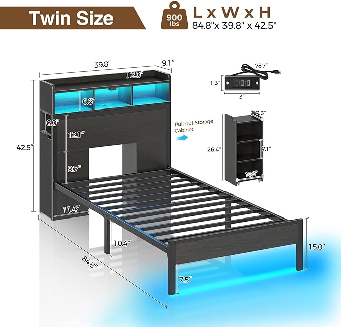 Rolanstar Twin Bed Frame with Bookcase Storage Headboard, Slide Out Bedside Storage, Bed with Charging Station & LED Lights, Heavy Duty Metal Slats, No Box Spring Needed, Noise Free, Black
