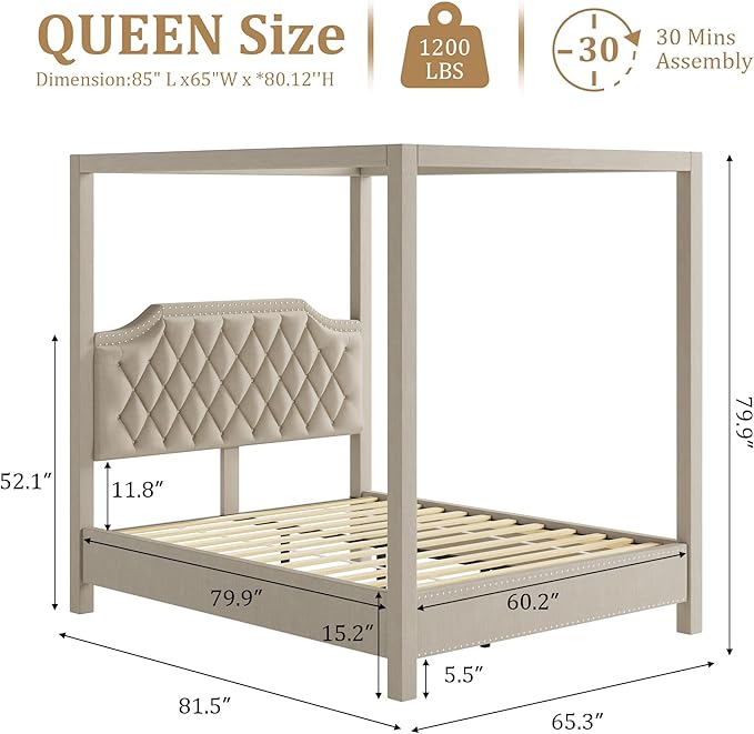 GarveeHome Upholstered Canopy Bed Frame Queen Size with headboard, Button Tufted, Nailhead Trim Design, No Box Spring Required, Beige(Shipped in 2 Boxes)