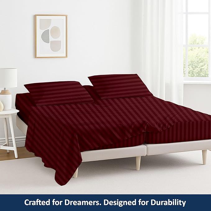 5 Piece Split Queen Sheet Set, 100% Egyptian Cotton, 16 Inch Deep Pockets, Burgundy Stripe, Soft Cooling Sheets for Adjustable Beds, Sleep Number Beds, Split Queen Mattress Sheet Set