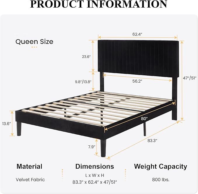 SHA CERLIN Queen Upholstered Platform Bed Frame with Adjustable Headboard/Vertical Channel Tufted Velvet Fabric/Wooden Slats Support/Mattress Foundation/Box Spring Optional/Black