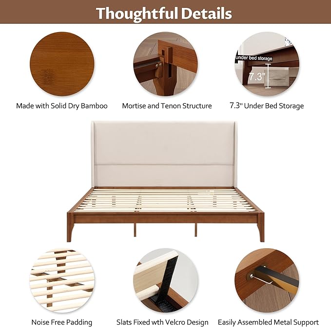 Merax King Size Bamboo Platform Bed, Mid-Century Bed Frame with Tall Upholstered Headboard, Wood Slat Support, No Box Spring Needed, Easy Tool-Free Assembly, Beige+Brown