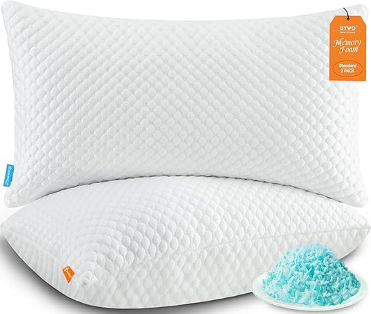 UYWO Cooling Pillows Standard Size Set of 2, Memory Foam Pillows with Zipper, Firm Bed Pillows Adjustable for Hot Side Back Stomach Sleepers