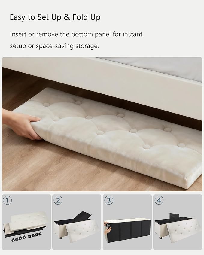 LITZFUR Storage Ottoman Bench, 43 Inch Foldable Ottoman with Legs, Velvet Foot Rest Stool, End of Bed Bench, Storage Chest for Living Room, Bedroom (Beige)