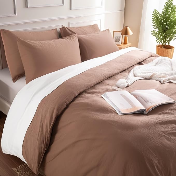 NEXHOME PRO Duvet Cover Set Kids Twin Size Linen Look Organic Natural 100% Washed Cotton Duvet Cover Mocha Brown 2 Pieces Bedding Set with Zipper Closure, Breathable (No Comforter)