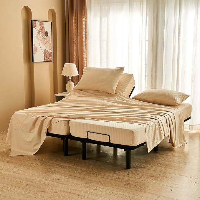 Kingnex Striped Split California King Sheets Sets for Adjustable Bed with Deep Pocket 5 Pieces Include 2 Cali Twin XL Fitted Sheets 1 Flat Sheet 2 King Size Pillowcases Beige