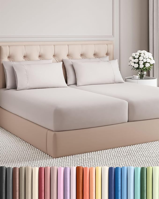 Split King 7 Piece Sheet Set - Comfy, Breathable & Cooling - Soft Hotel Luxury Bedding for Women, Men, Kids, Teens & Children - 1 Flat & 2 Fitted Sheets & 4 Pillowcases w/ Deep Pockets - Light Grey