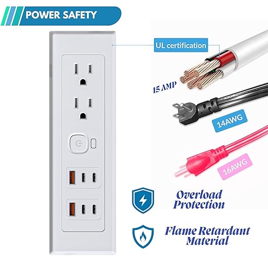 Drawer Outlet Kit PD30W Fast Charging Station Type-C(4) Power Cabinet Plug Charging Strip Recessed Vanity Table Box Desk Nightstand Mount Organizer, 14 AWG Power Cable for Kitchen Bedroom-White
