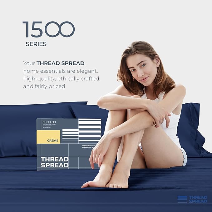 THREAD SPREAD 100% Egyptian Cotton Sheets Queen Size - Luxury 1500 Series Queen Sheet Set Egyptian Cotton (4 PC, Navy Blue), Silky Soft, Sateen Weave, Cooling & Breathable, 17" Deep Pocket Bed Set