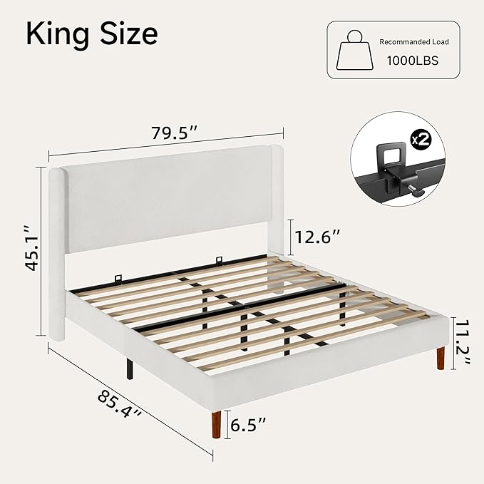 King Boucle Bed Frame, Platform Bed with Upholstered Wingback Headboard, Strong Wooden Slats Support, Noise-Free, No Box Spring Needed, Easy Assembly, White