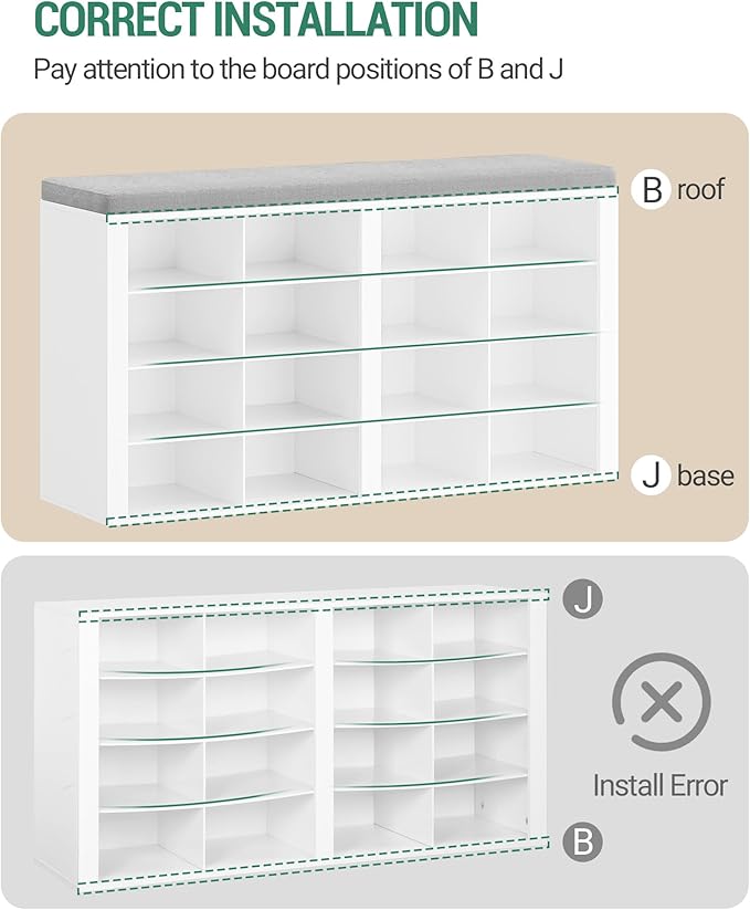 Hzuaneri Shoe Bench with Cushion, Entryway Storage Bench with 16 Cubbies, Cubby Shoe Rack with Adjustable Shelves, Shoe Organizer Cabinet for Living Room, Bedroom, Entryway, White SB25603GY