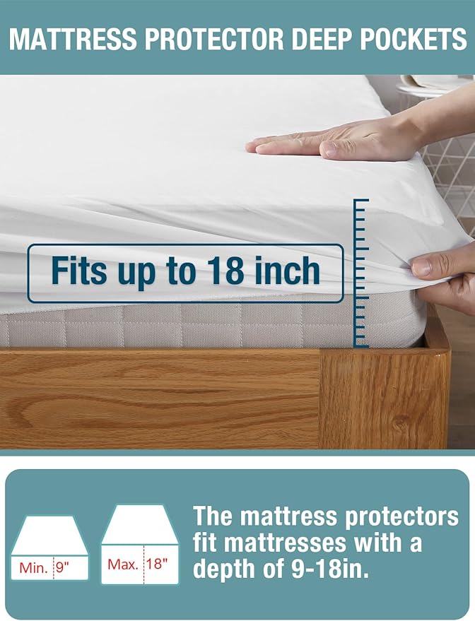 Bedecor Twin XL Split King Waterproof Mattress Protector, Protects Against Liquids, Spills, Accidents, for College Dorm, Hospital Beds, Fits 9-18 Inch Depth