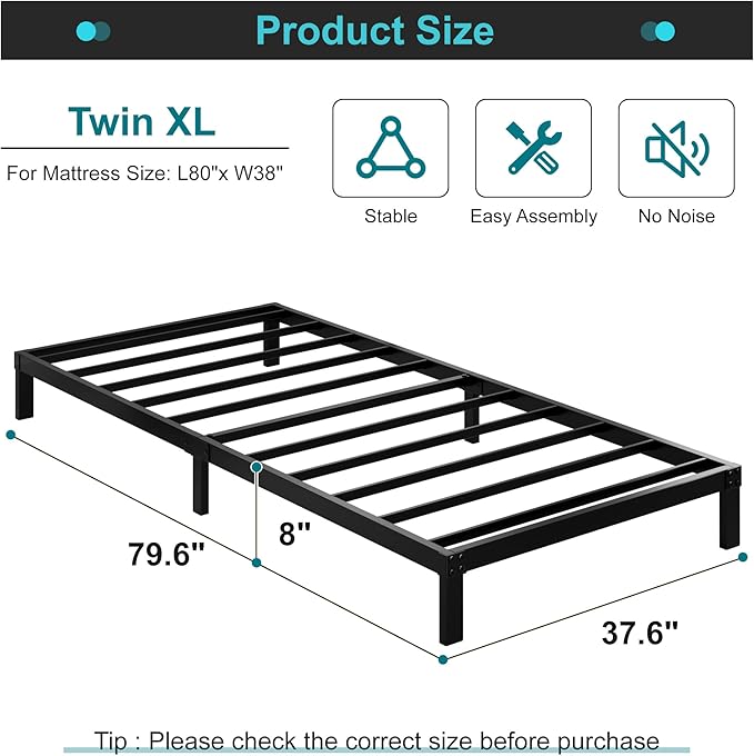 Maenizi XL Twin Bed Frame No Box Spring Needed, 8 Inch Heavy Duty Metal Twin XL Platform Bed Frame Support Up to 2500 lbs, Easy Assembly, Noise Free, Black