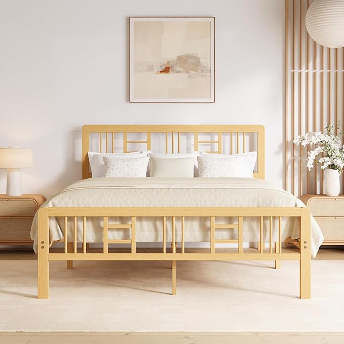 Hunlostten 12 in High Bamboo Wood Full Size Bed Frame with Headboard & Footboard, Platform Bed Frame Full Size with Steel Slats Support, Heavy Duty, No Box Spring Needed, Easy Assembly