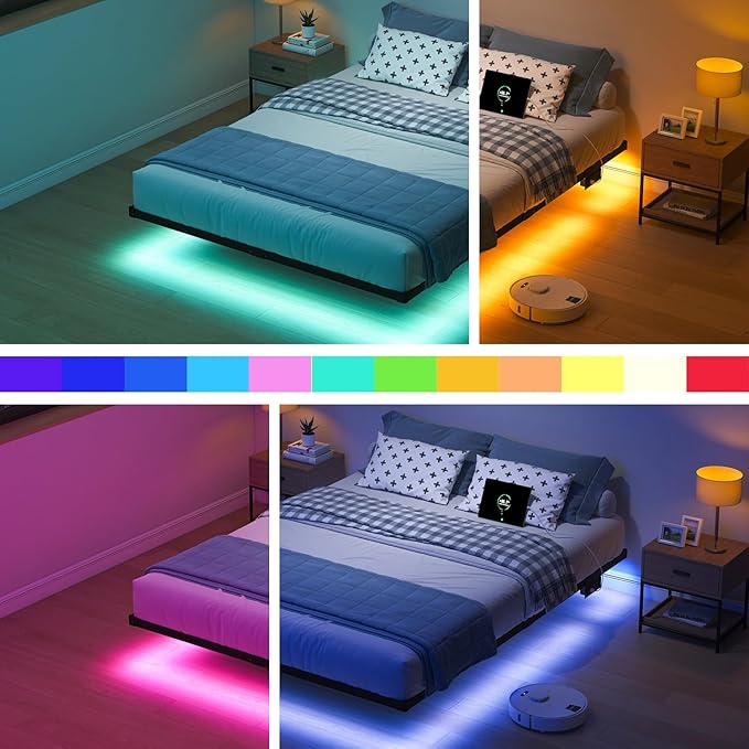 HAVONIZD Floating Bed Frame Queen with LED Lights and Charging Station - 8 inch Platform Bed Frame No Box Spring Needed, Easy Assembly