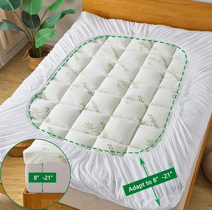 Bamboo_Viscose Mattress Topper Short Queen Size, Cooling Extra Thick Breathable Mattress pad, 8-21”Deep Pocket Soft Quilted Fitted Mattress Cover with Down Alternative Fill