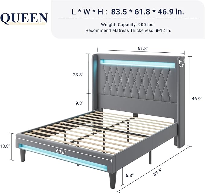 Allewie Upholstered Queen Size Platform Bed Frame with LED Light and Charging Station, Button Tufted High Headboard, Wingback Design, Noise Free, Easy Assembly, No Box Spring Needed, Grey