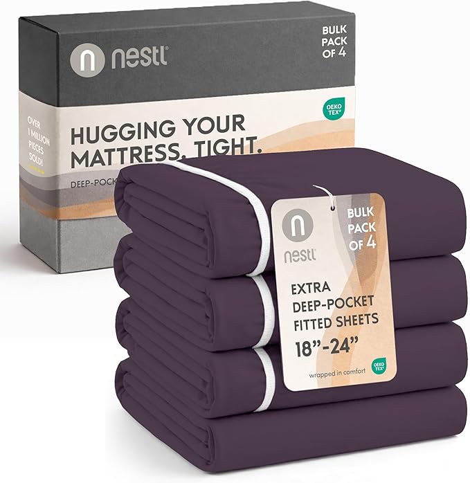 Nestl 4 Pack Purple Fitted Sheet Extra Deep Pocket, Hotel Luxury Twin XLFitted Sheet Only Easily Fits 18 to 24 Inch Mattress, Super Soft, Wrinkle-Free and Breathable with Corner Straps